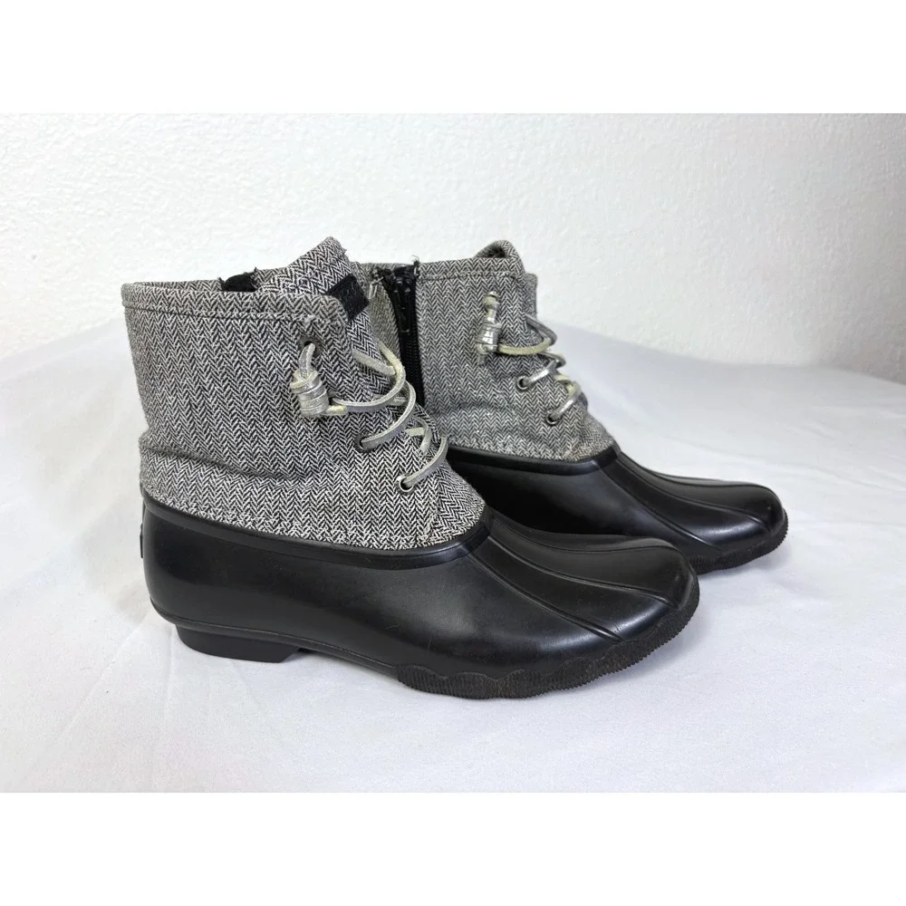 Sperry Black & Grey Herringbone Saltwater Duck Boots Girl Size 5 Rain Snow Fall